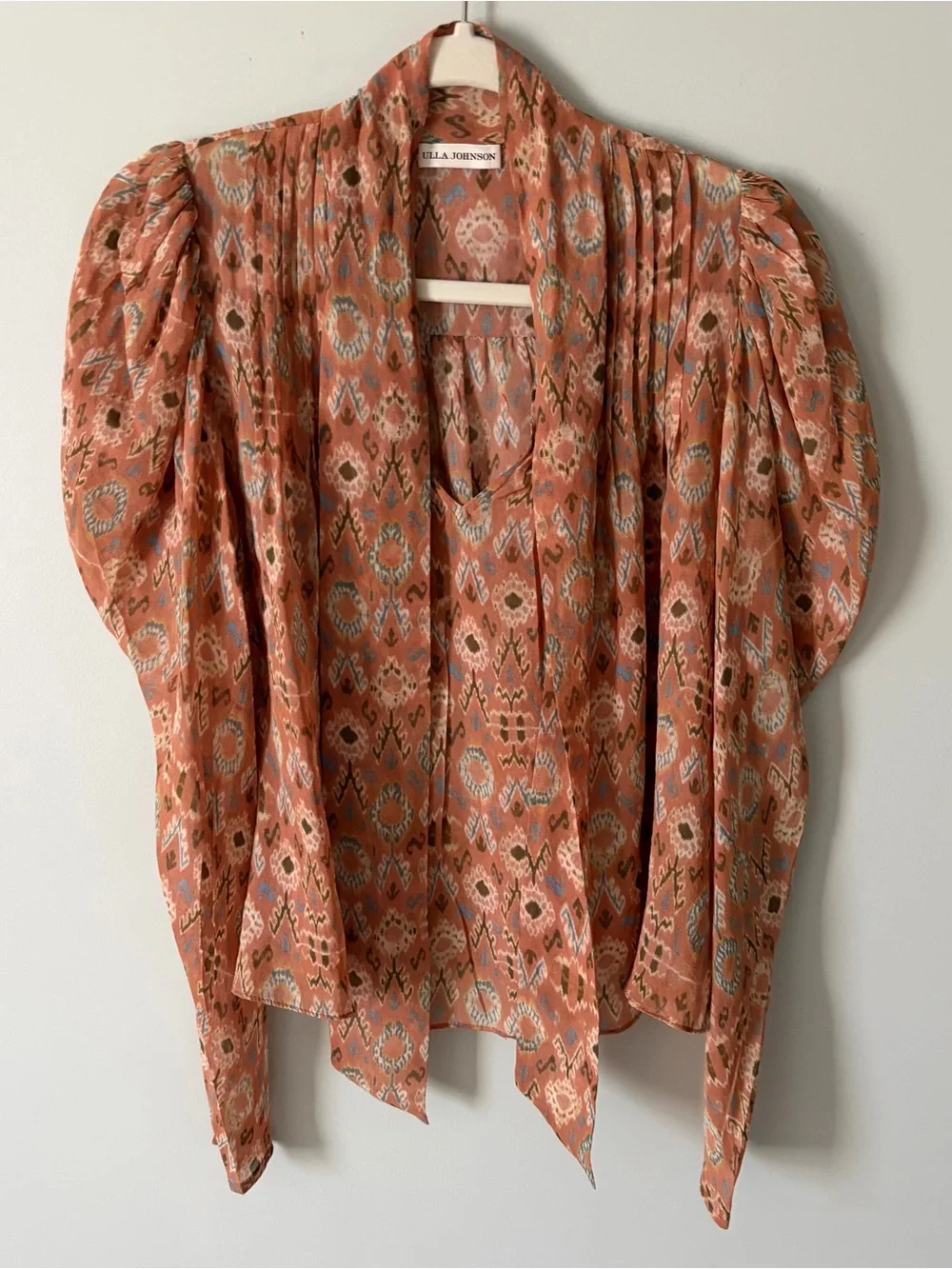 Ulla Johnson Rust Ikat Tie-Neck Blouse with Puff Sleeves